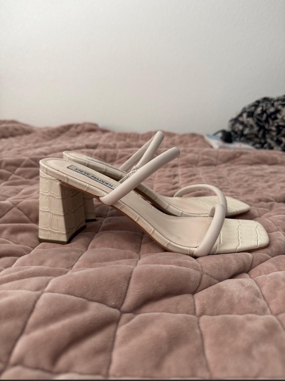 Steve Madden White Croc-Texture Square Toe Strap Sandals